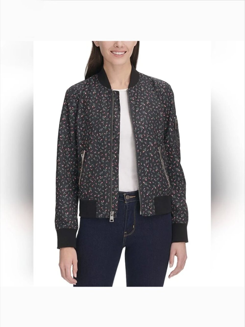 Levi Strauss & Co Women Bomber Jacket M Full Zip Rose Bud Floral Satin Black Y2K